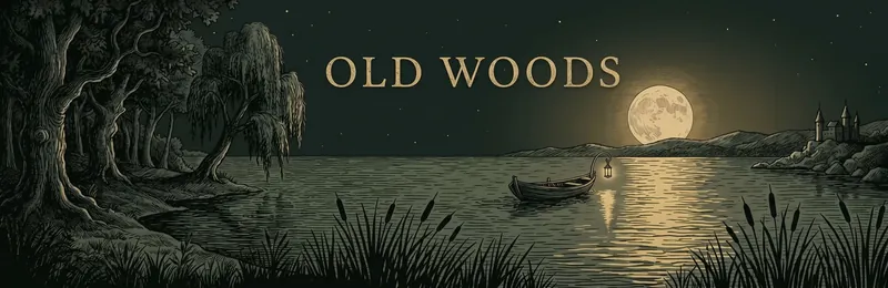 A village by the river at dawn, the old woods rising behind it
